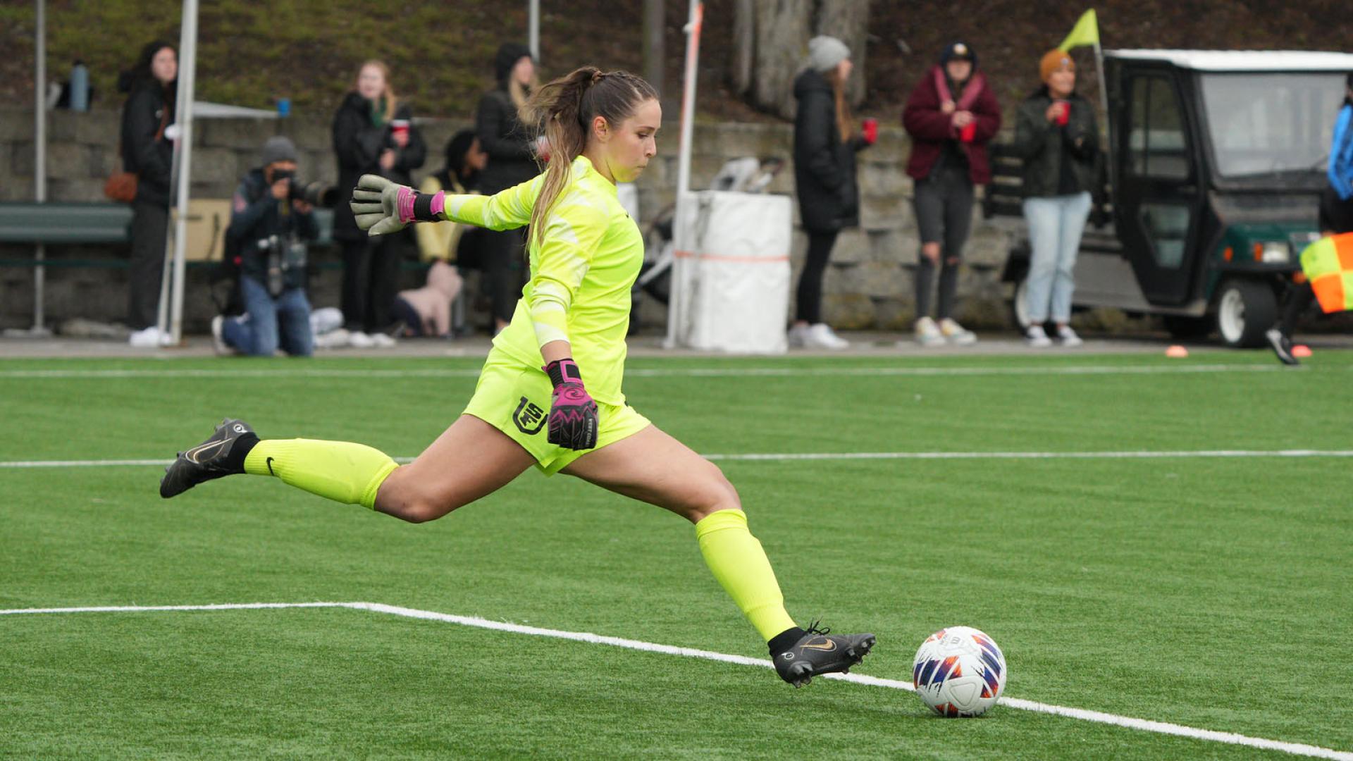 USF women&#039;s soccer goal makes a return kick.