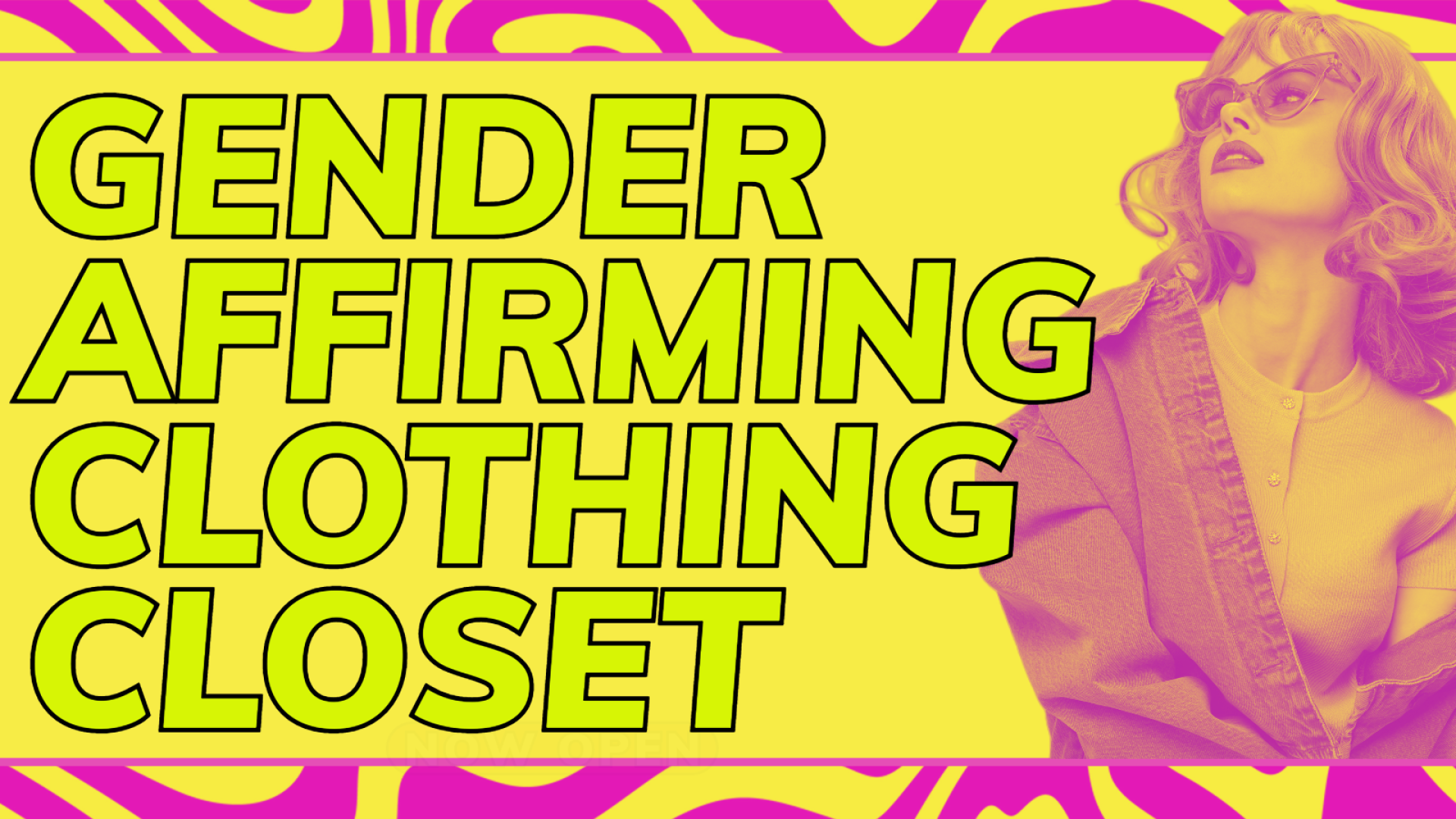 Gender affirming clothing closet, person with glasses and a denim jacket posing