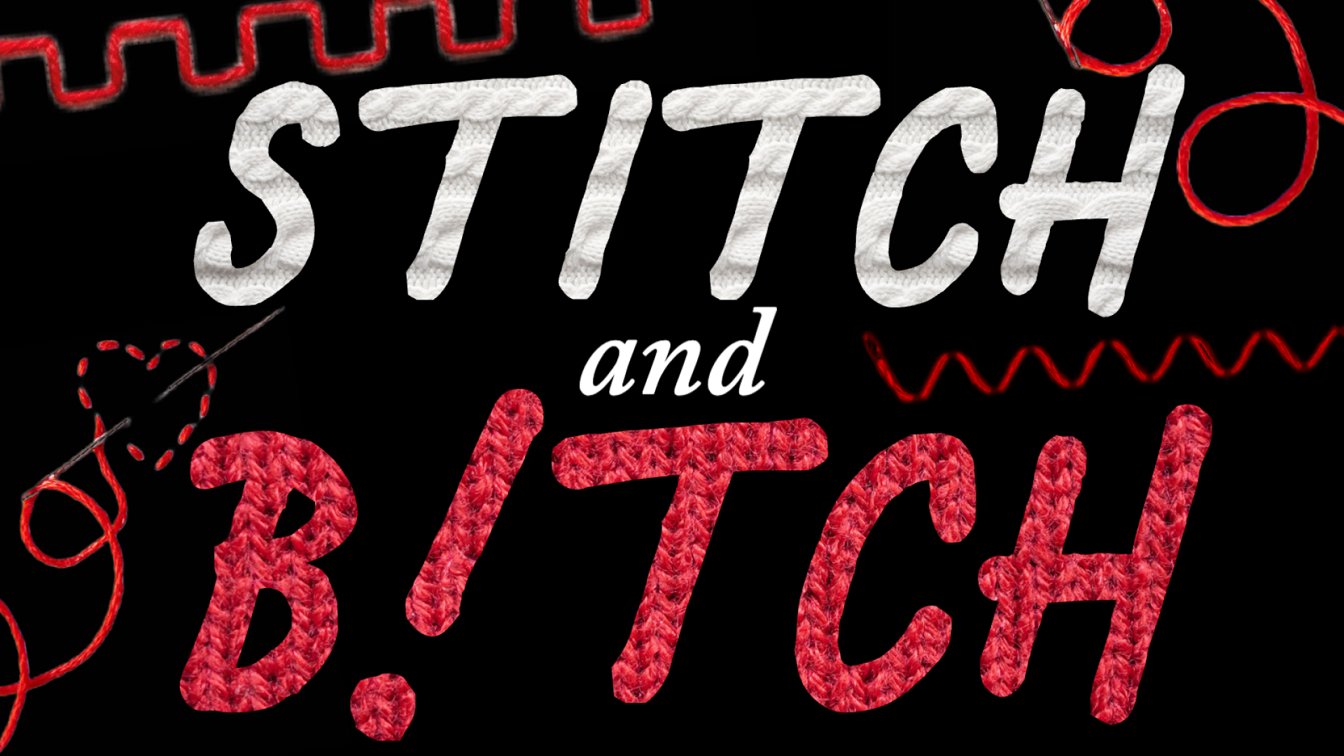 Graphic titled Stitch and Bitch, the text is textured with white and red yarn.