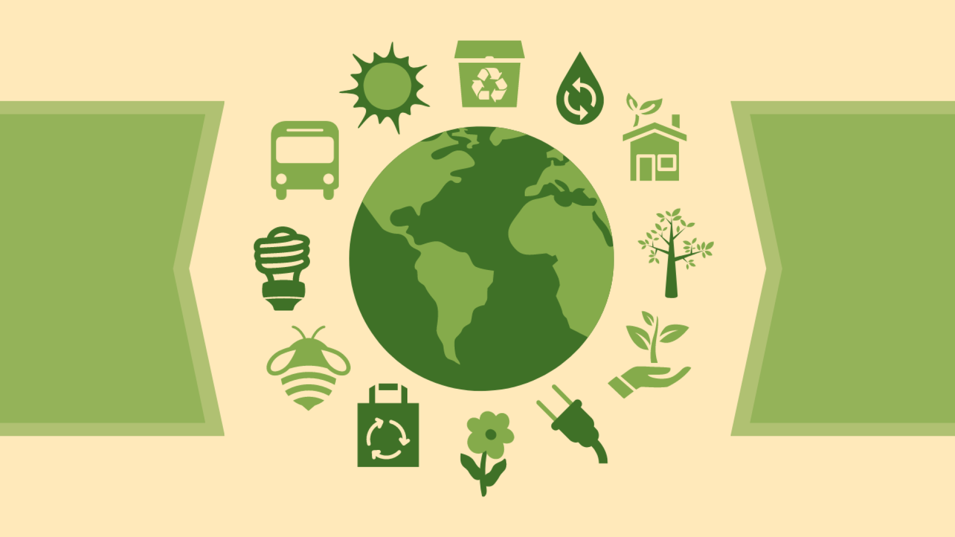 Green globe of Earth encircled by sustainability symbols 