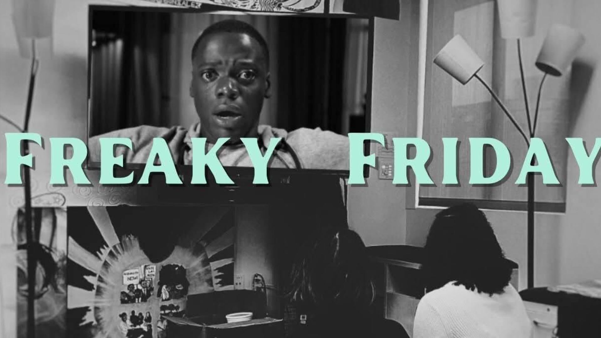 Freaky Friday drop-in banner of students watching horror film in black and white