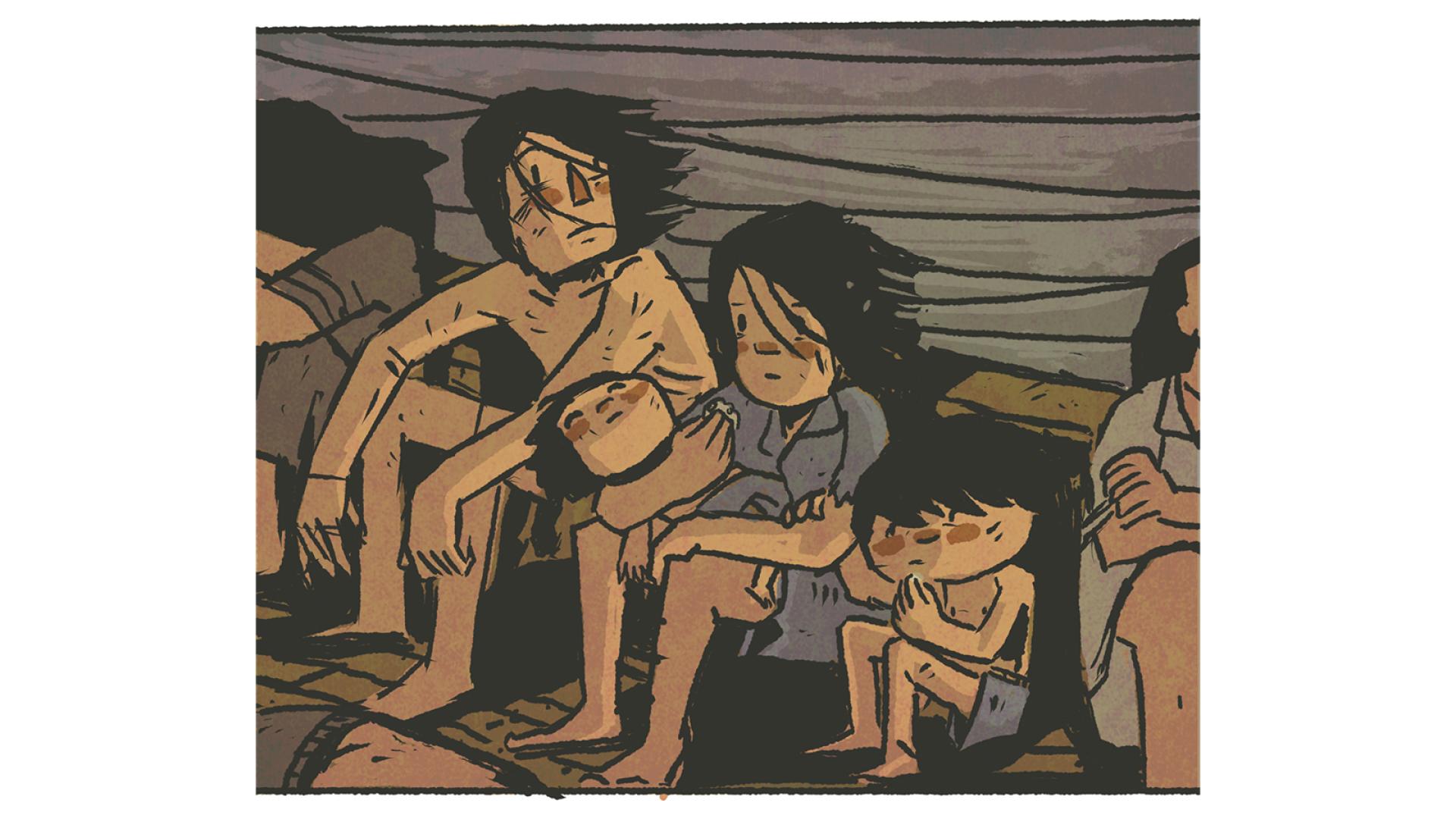 A drawing of a family escaping Vietnam in a boat