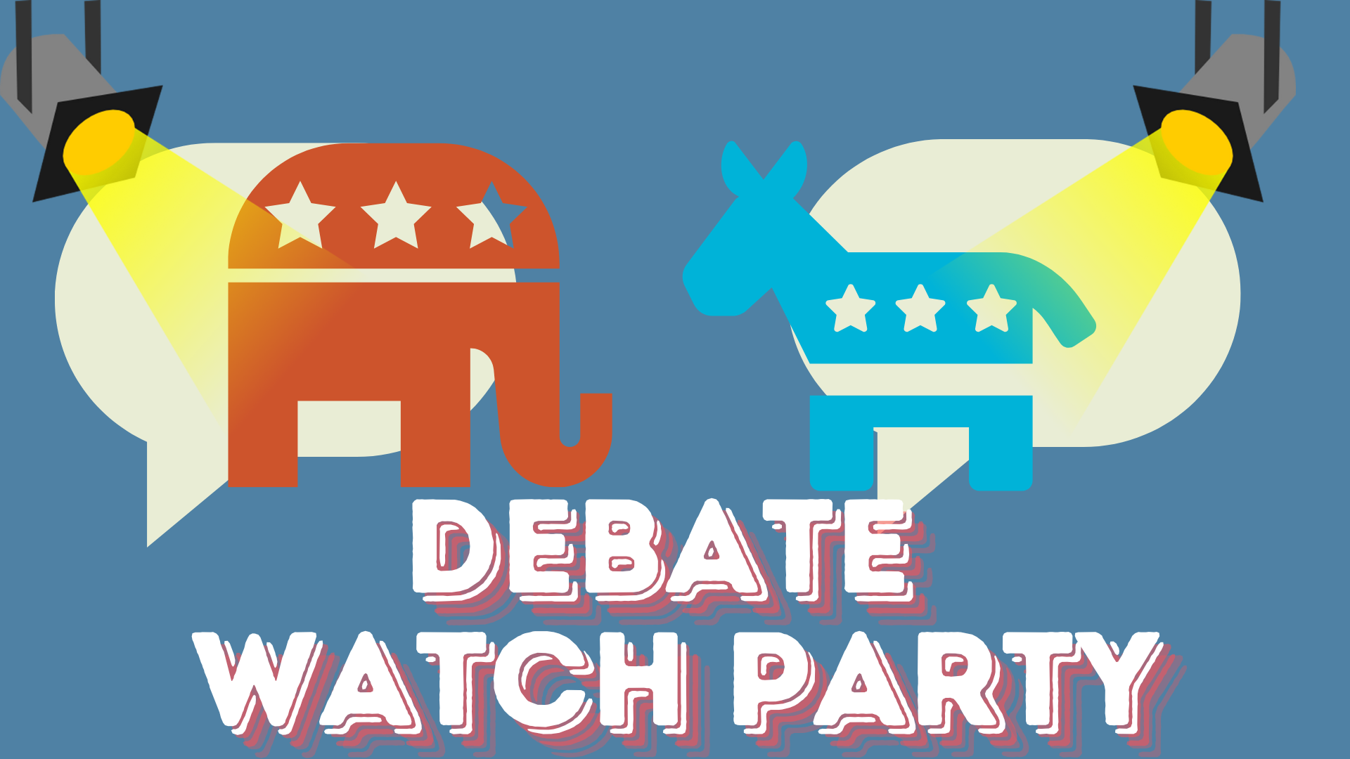 debate watch party words with donkey and elephant under spotlights