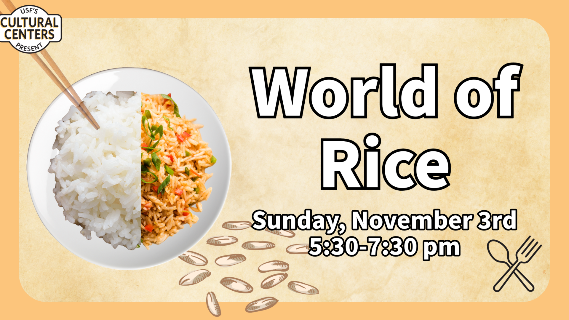 &quot;World of Rice&quot; with a plate of rice, chopsticks, and rice grains next to the text