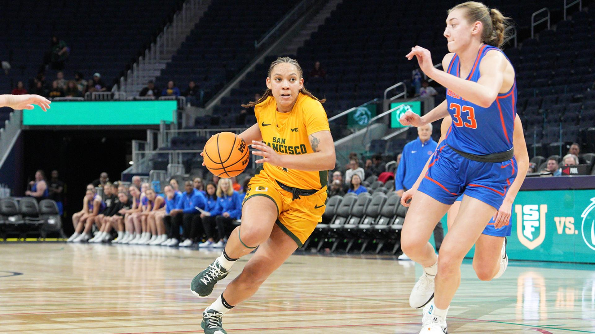 student athlete runs with basketball at the Chase Center auditorium