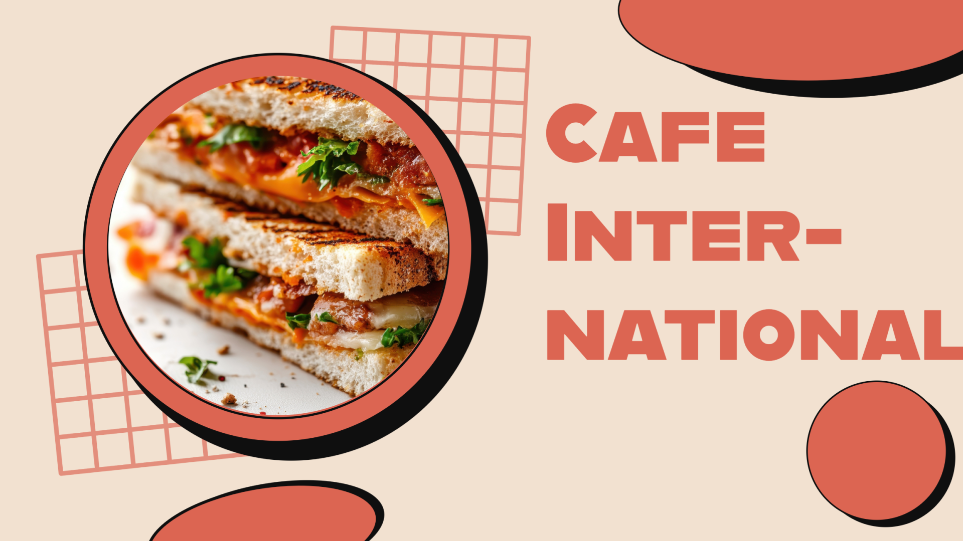 &quot;Cafe International&quot; in an orange-red bold font next to an image of a sandwich