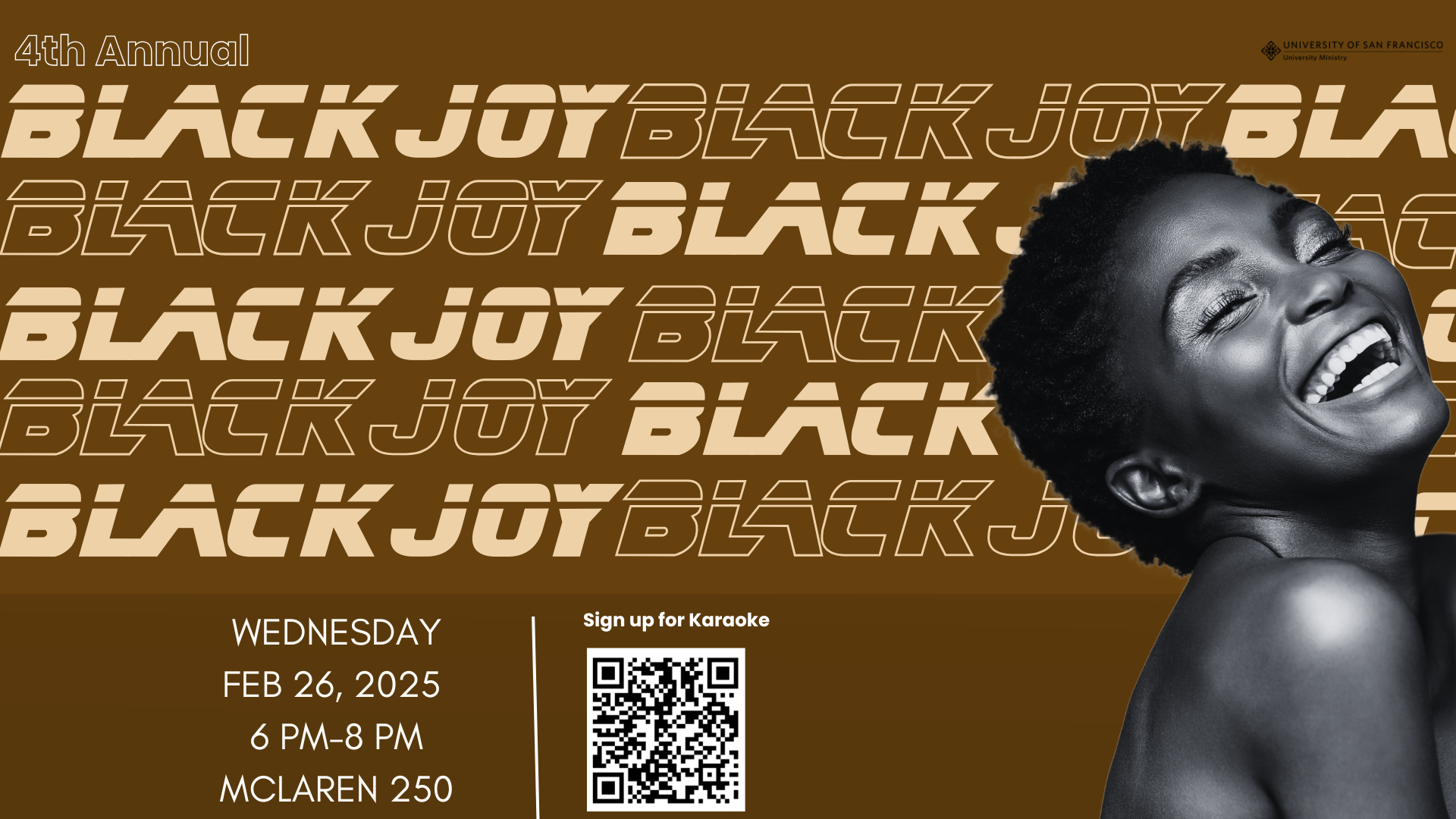 Black Joy in tan and brown outline text, with African American woman at the far right of the design in black and white lens