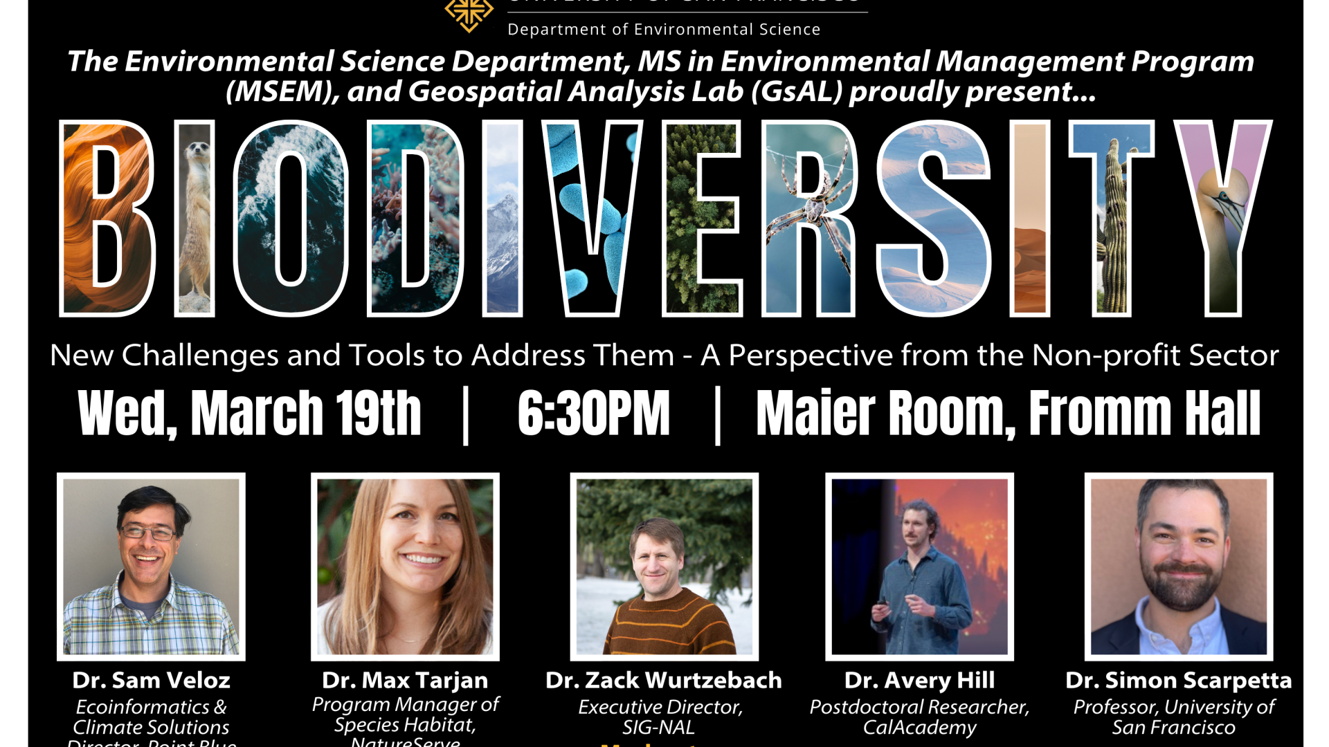 Graphic for the event - Word &quot;Biodiversity&quot; with images of various landscapes and wildlife in the letters. Text of the event says, &quot;A panel discussion showcasing the critical role variety plays in a thriving ecosystem&quot;. 