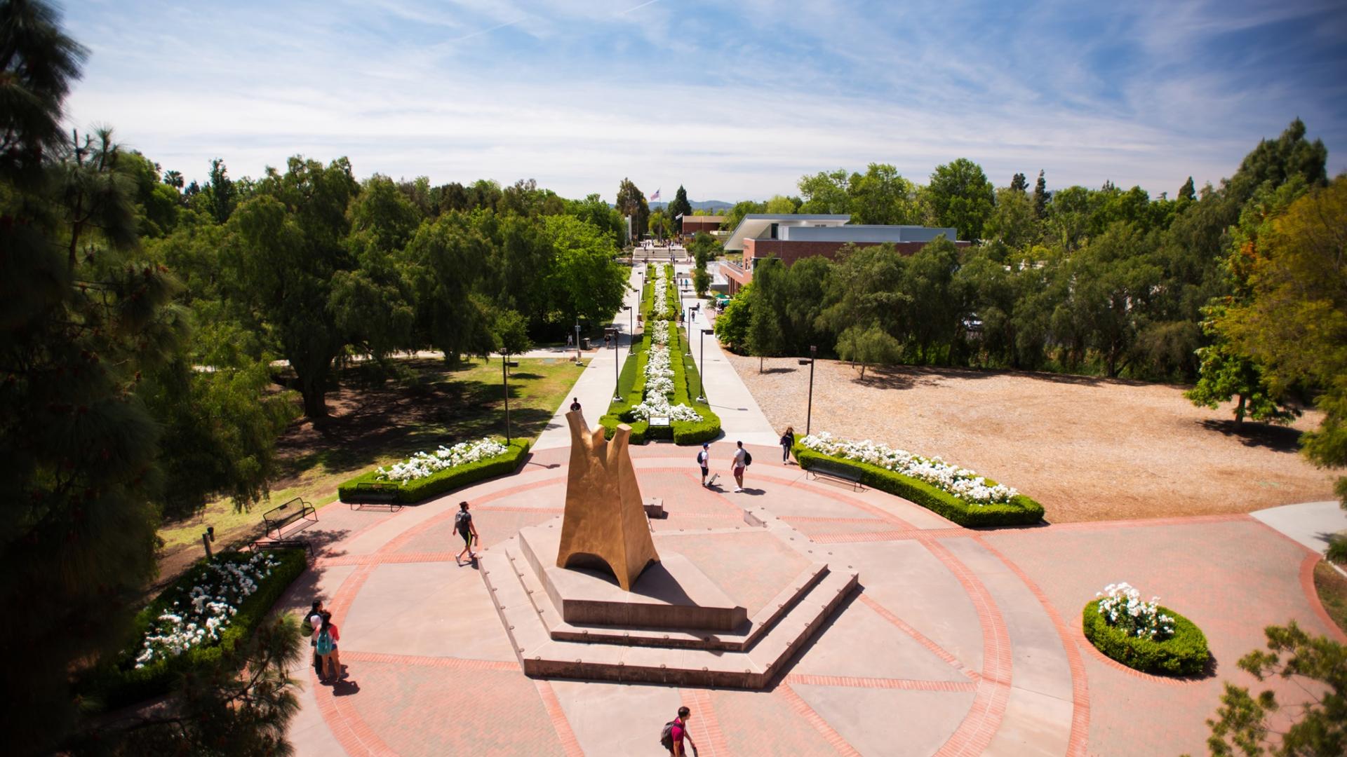Cal Lutheran campus with statue in the middle