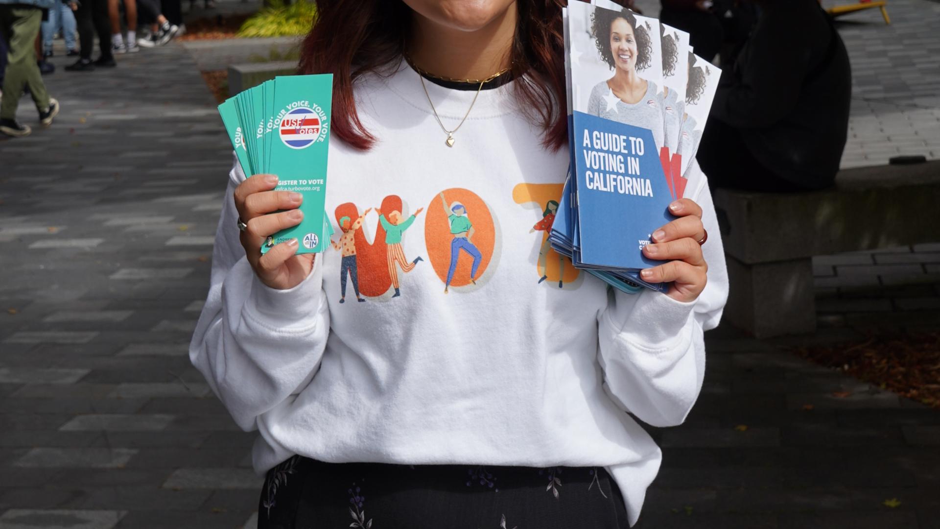 Student holding flyers