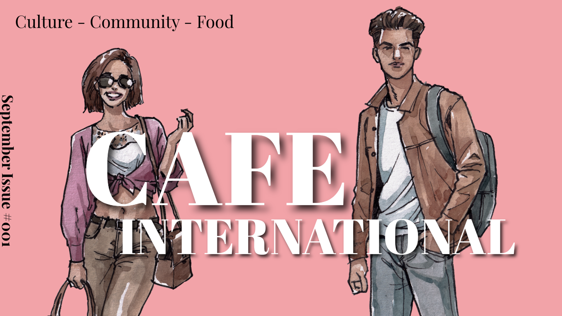 "Cafe International" text in white on top of an image of 2 people with a pink background