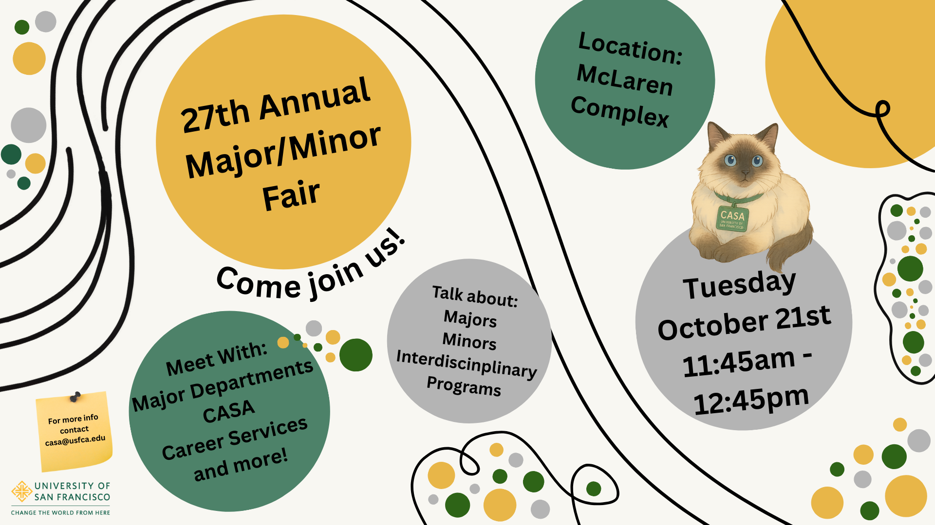 Major/Minor Fair information including date/time of the event in green, yellow, and grey circles