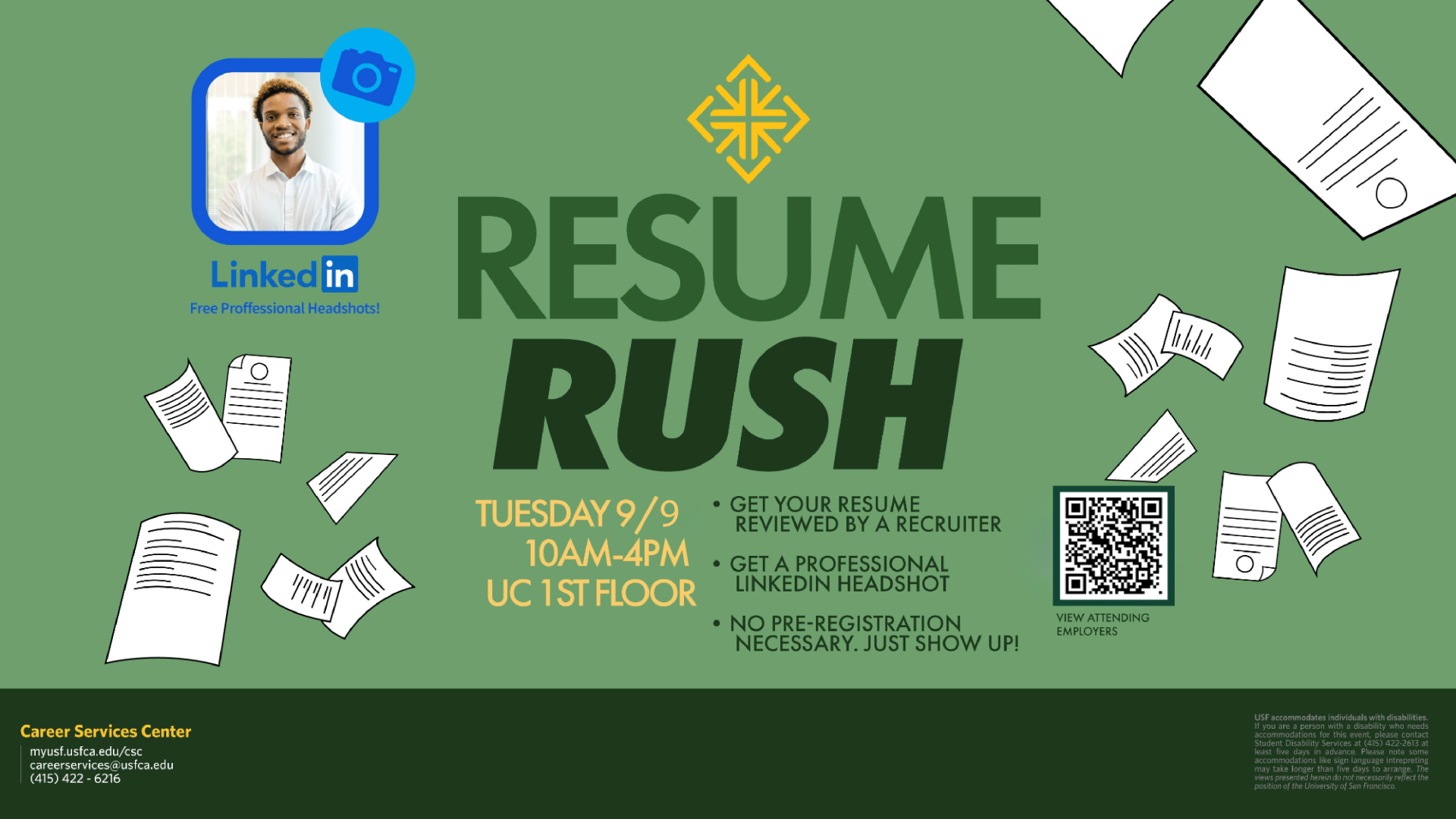 "resume rush" on a green background with various single sheets of white paper scattered around with indiscriminate writing on each sheet of paper.