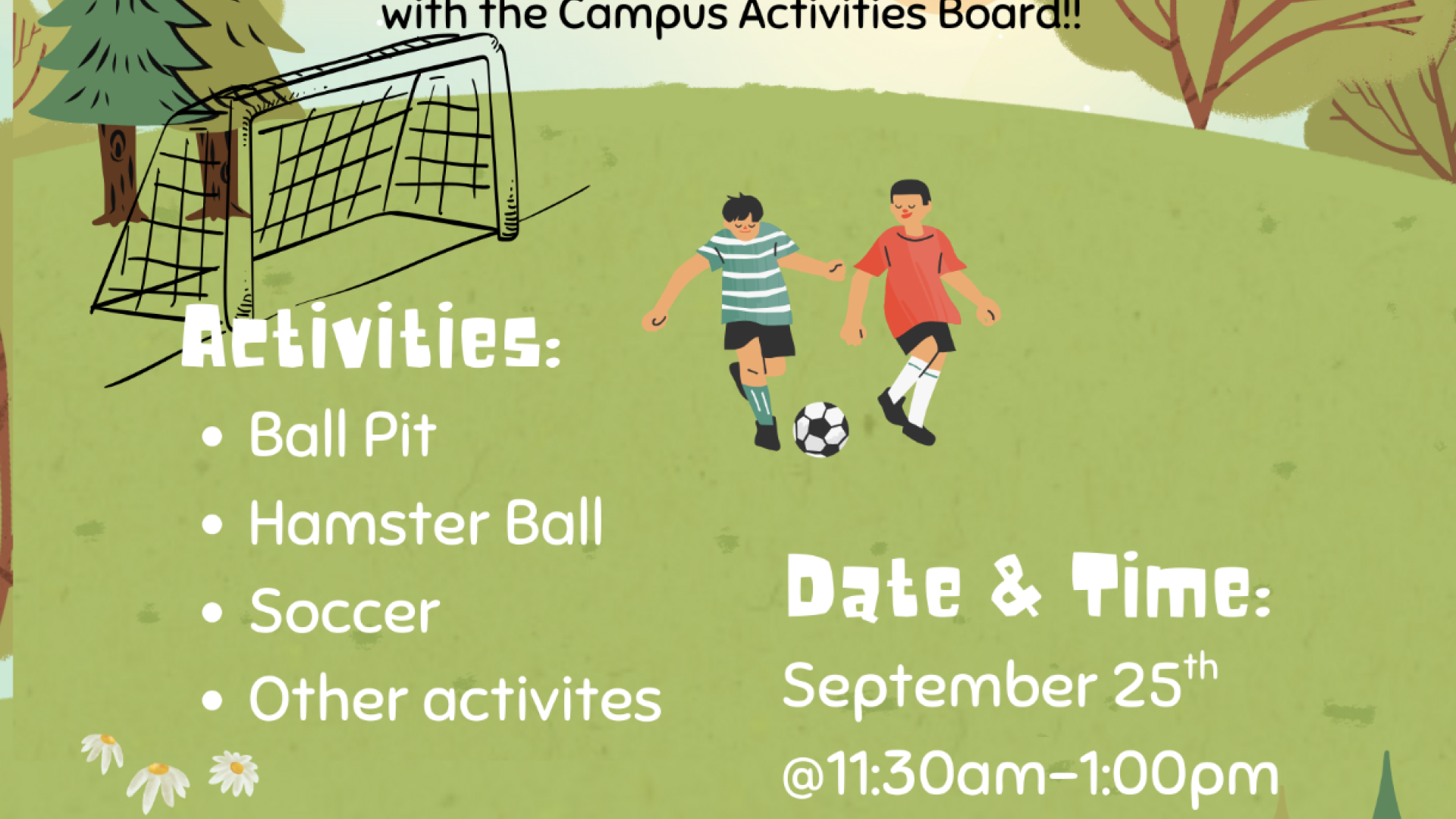 Animated graphic showing date, time, and activities entail