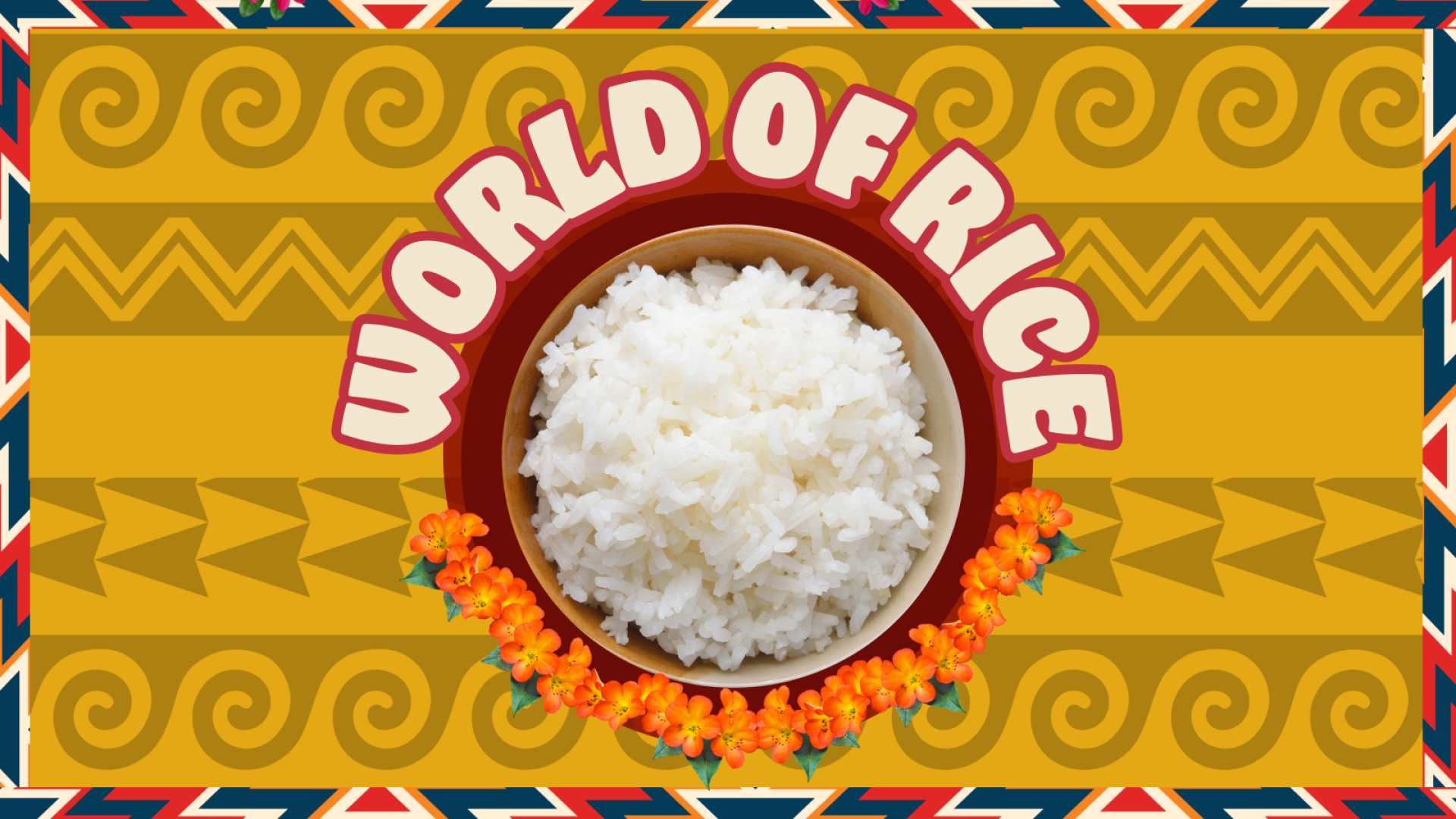 Pacific Islander symbols on top of a transluscent yellow background with a bowl of rice in the center. &quot;World of Rice&quot; text above the rice and Native patterns on the border.