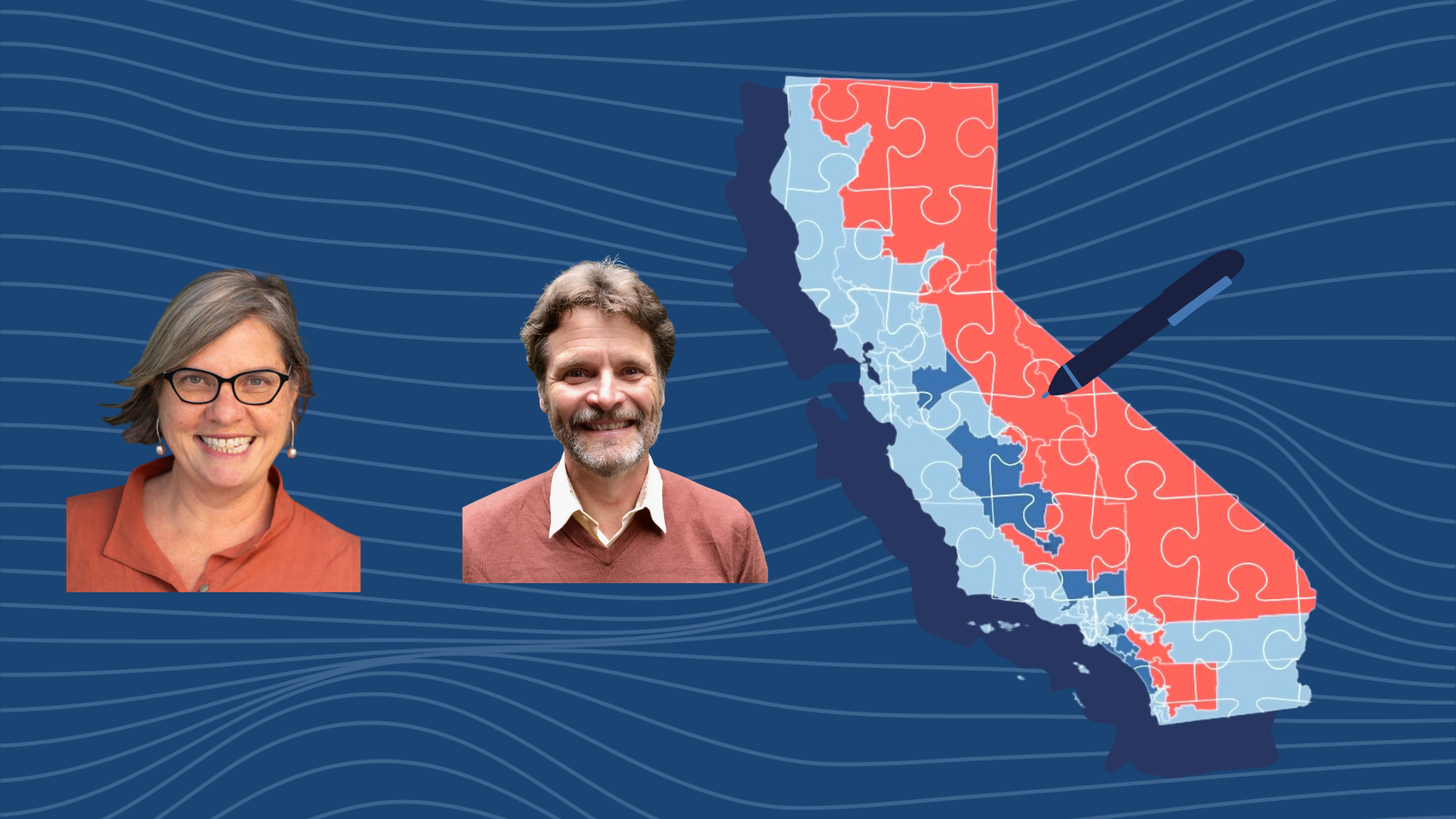 USF Politics Professors McBride and Murphy next to redrawn California congressional map