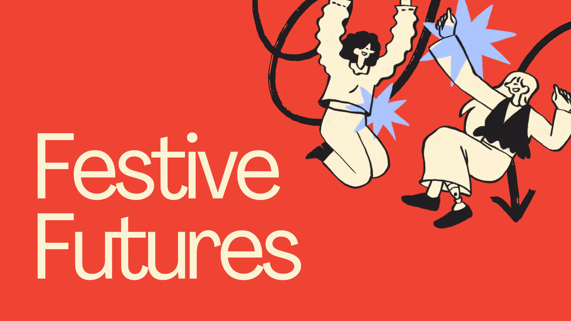 illustration of two people smiling and jumping with &quot;festive futures&quot; beside them.