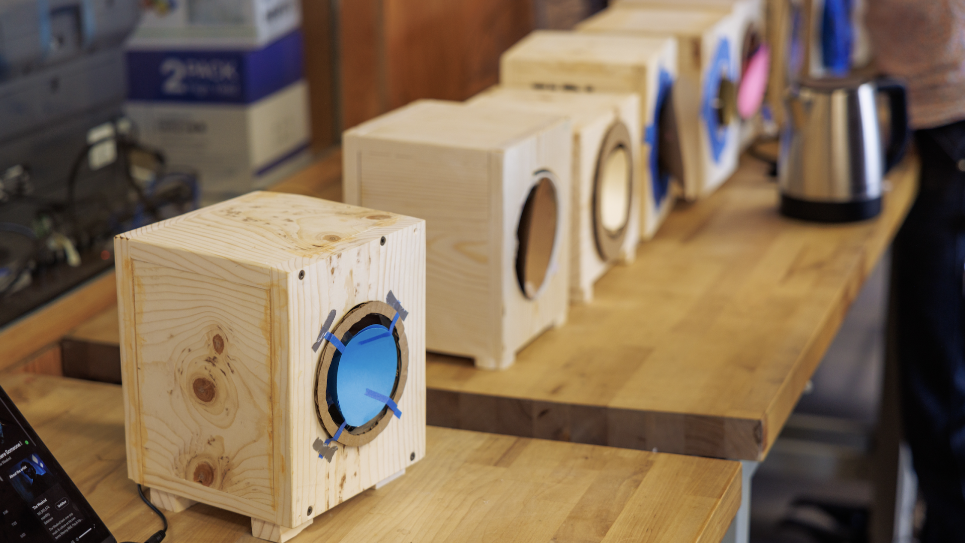 Row of speakers made by students in the ENGR 010 Prototyping class