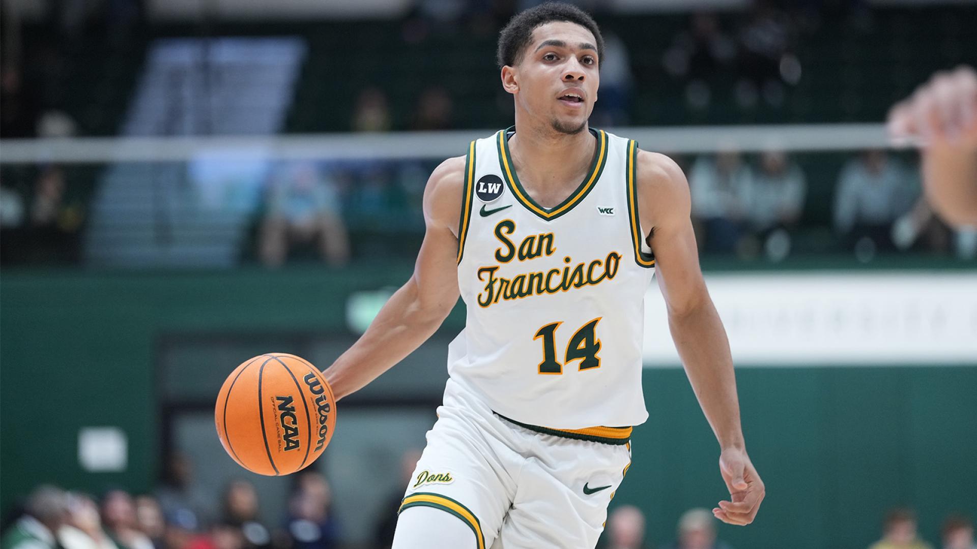 USF men's basketball player dribbling
