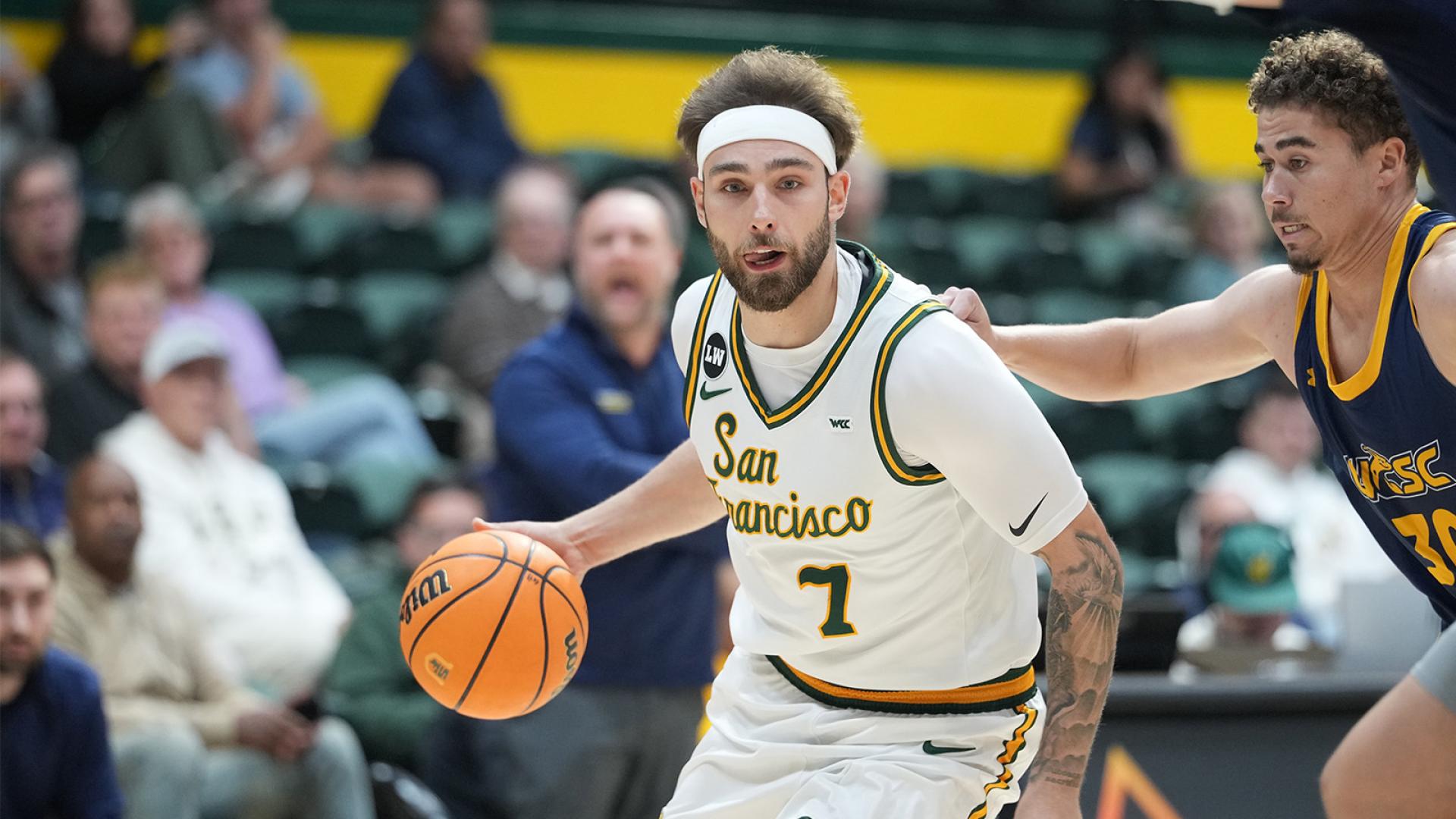 USF men&#039;s basketball player dribbling
