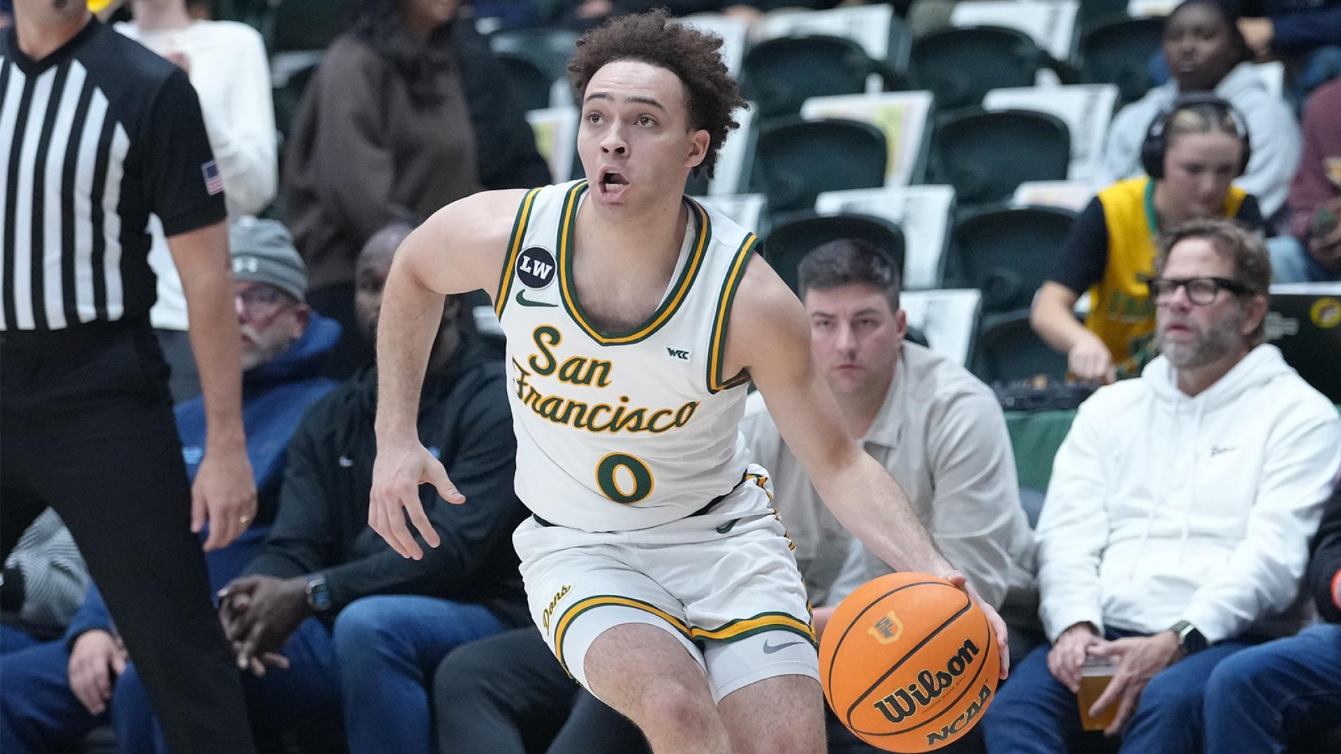 USF men&#039;s basketball player dribbling