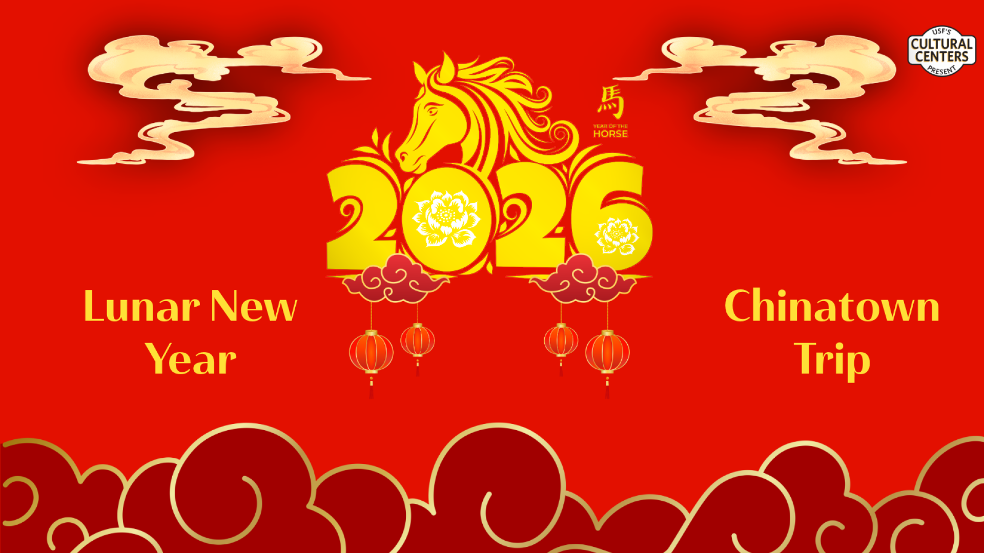 Lunar New Year 2026 Chinatown Banner with a gold horse and clouds