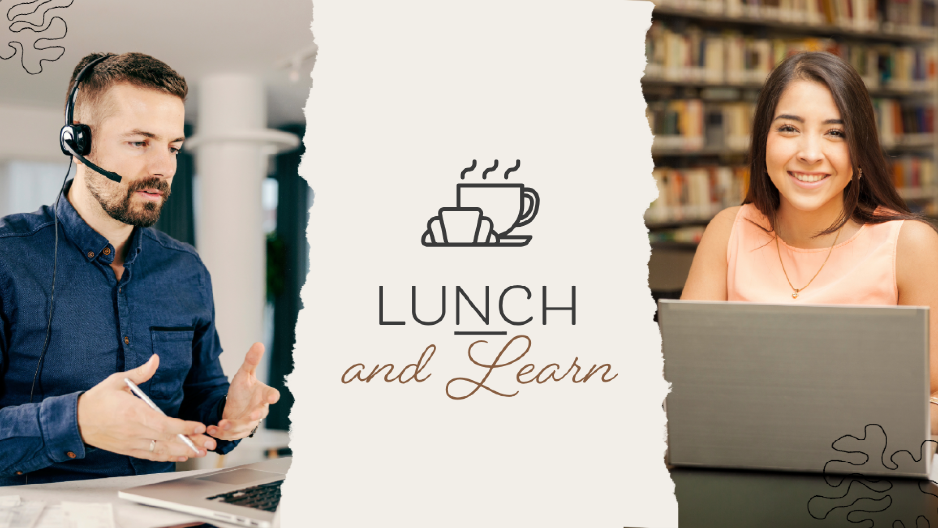 Lunch and Learn with two people on a laptop and two coffee cups