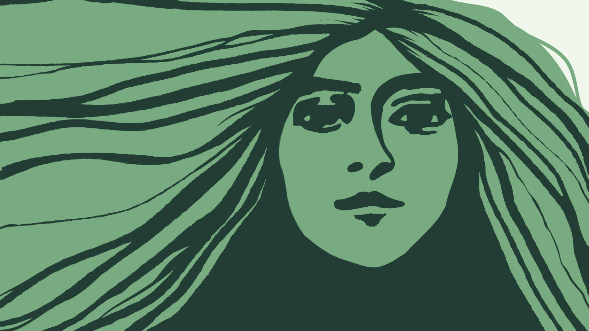 An illustrated woman with long flowing hair, drawn with a green palette.