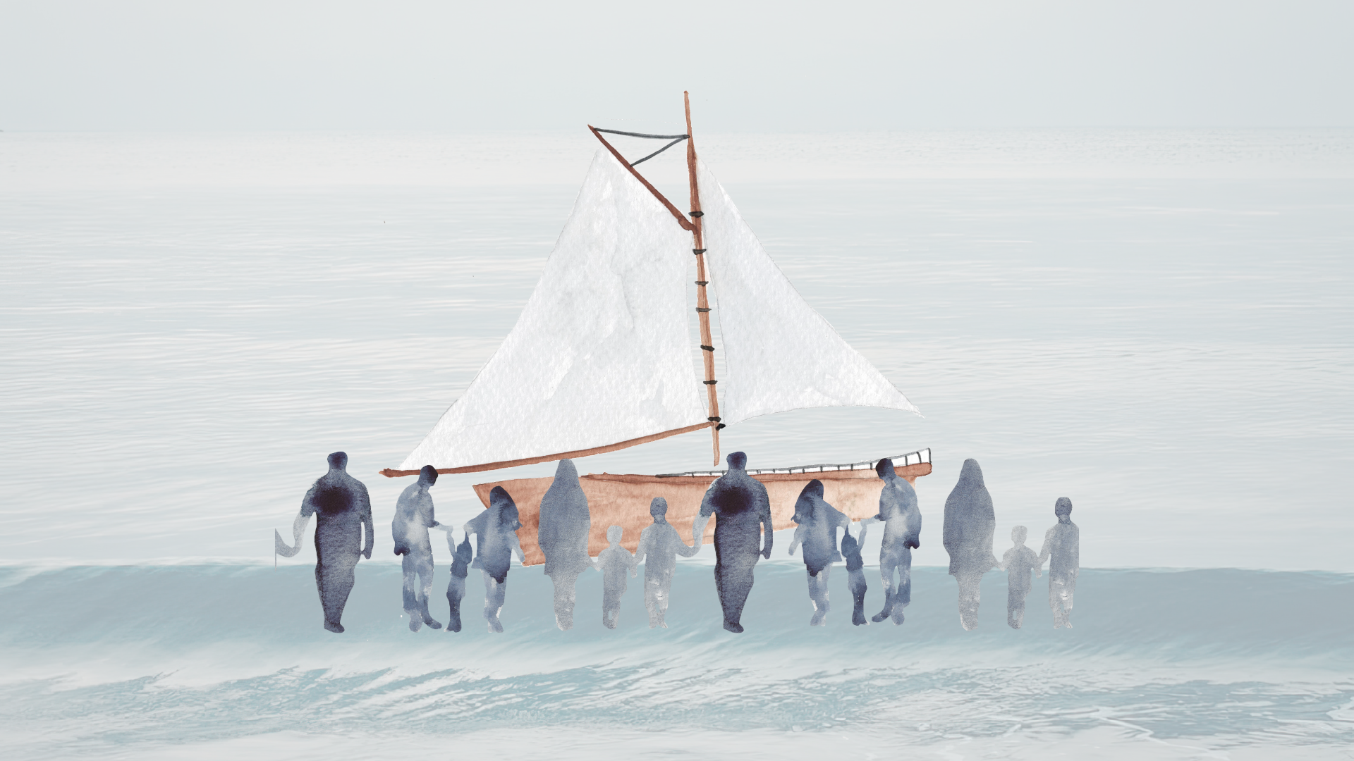 Watercolor: people walking toward sailboat