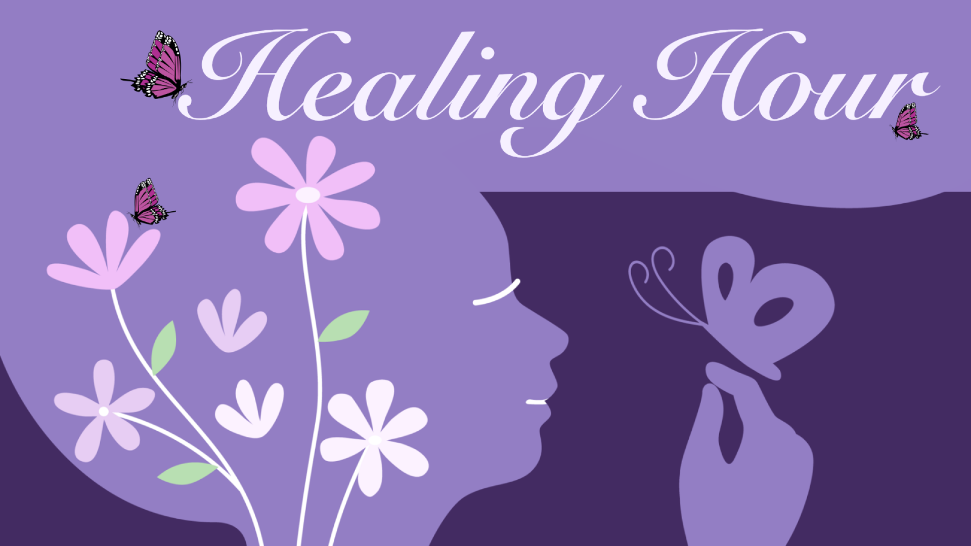 "Healing Hour" inside the silhouette of a woman with flowers and butterflies