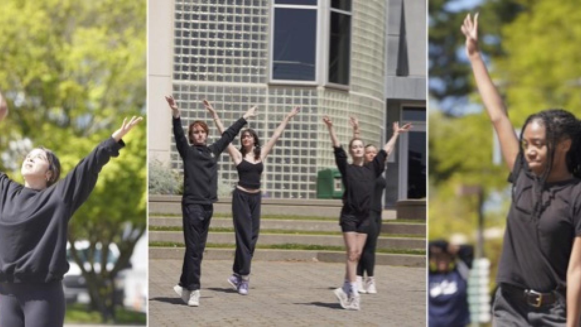 students dancing at Gleeson Plaza