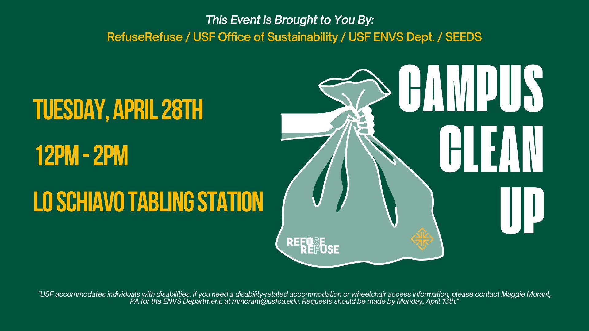 Graphic of a hand holding a garbage bag with the text "Campus Cleanup" on it. To the left, text for the date, time, and location of the event.