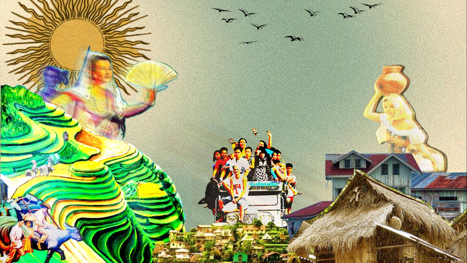 Collage of images that include a sun, a group of people traveling on a jeep, a person carrying a vessel on her head, birds in air, and a thatched roof