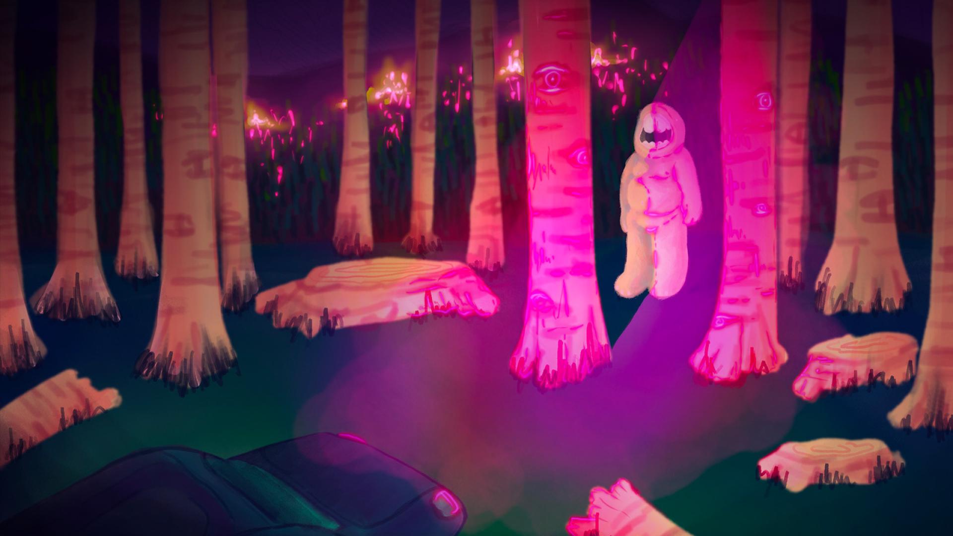 painting of an encounter between a car and a creature in the woods