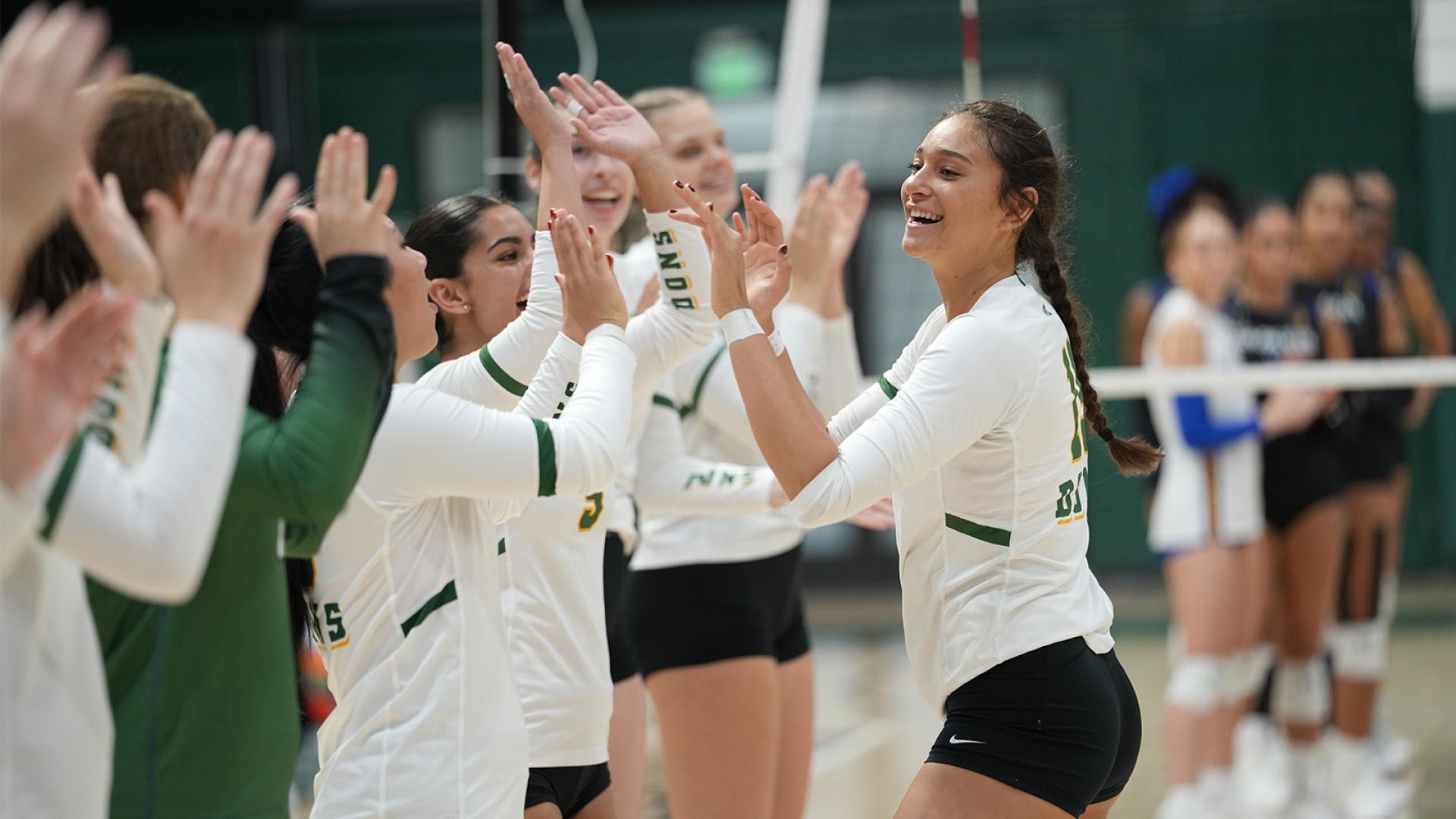 Womens volleyball player high-fiving teammates