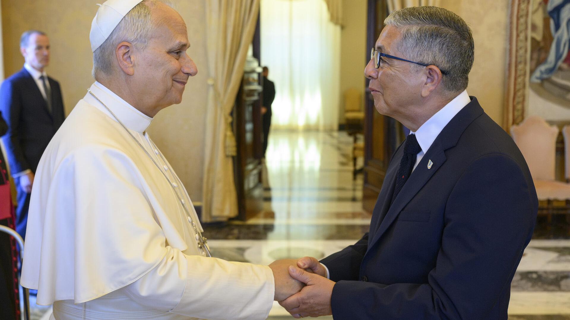 President Salvador D. Aceves ’83, EdD ’95 met with Pope Leo XIV at the Vatican on June 25, as part of a visit by presidents of Jesuit universities and colleges