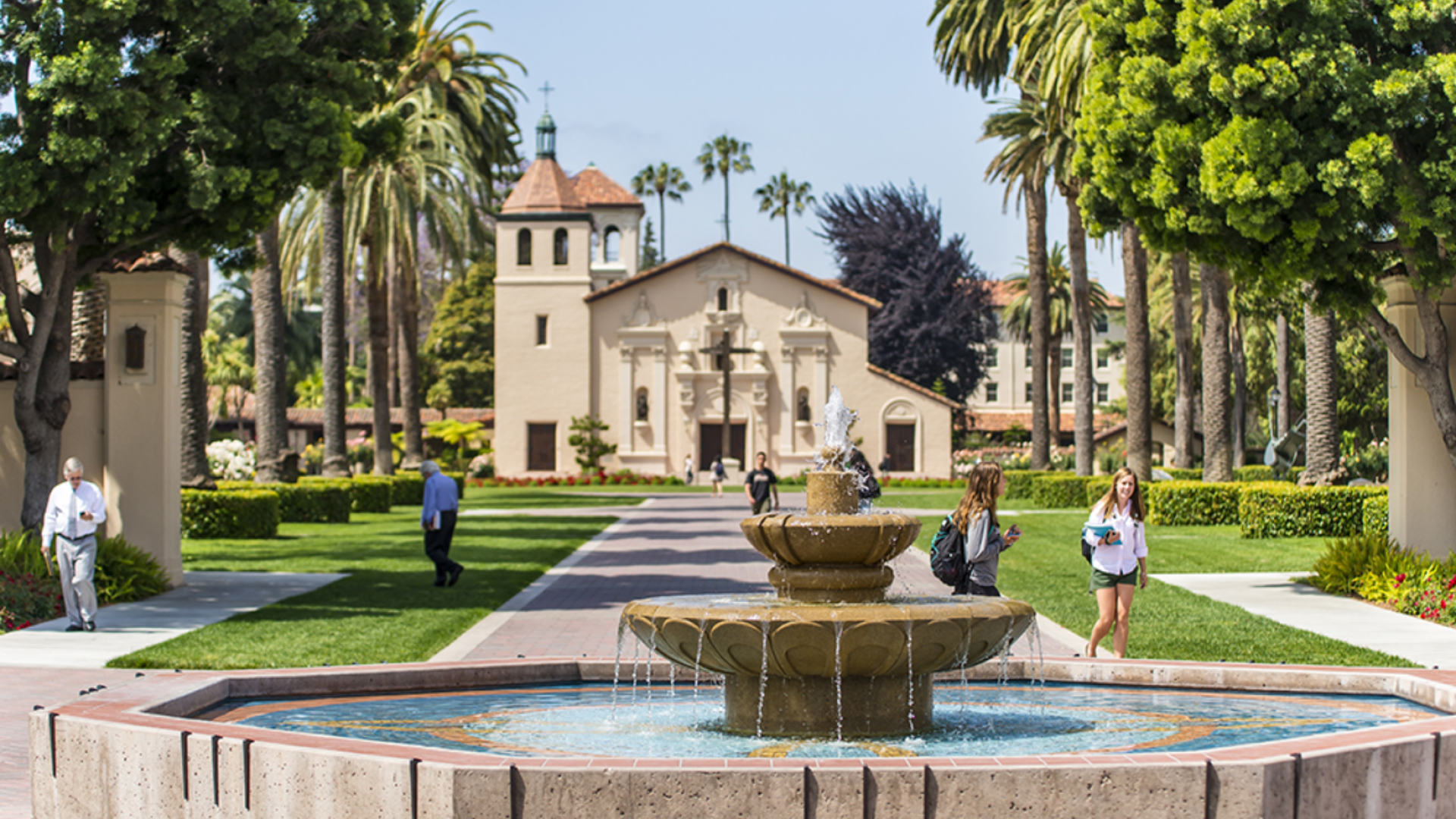 Campus building with waterfall in the middle 