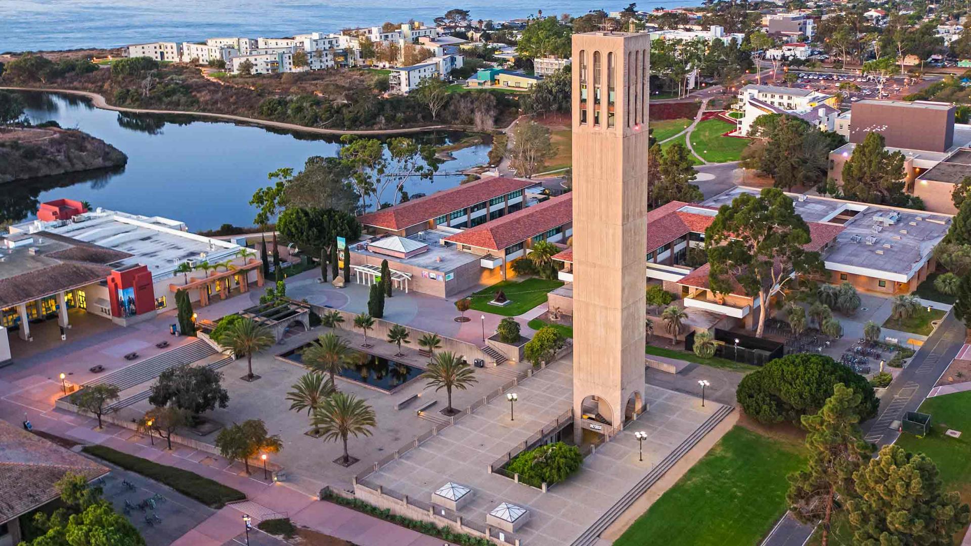 Aerial view of stork tower and lagoon