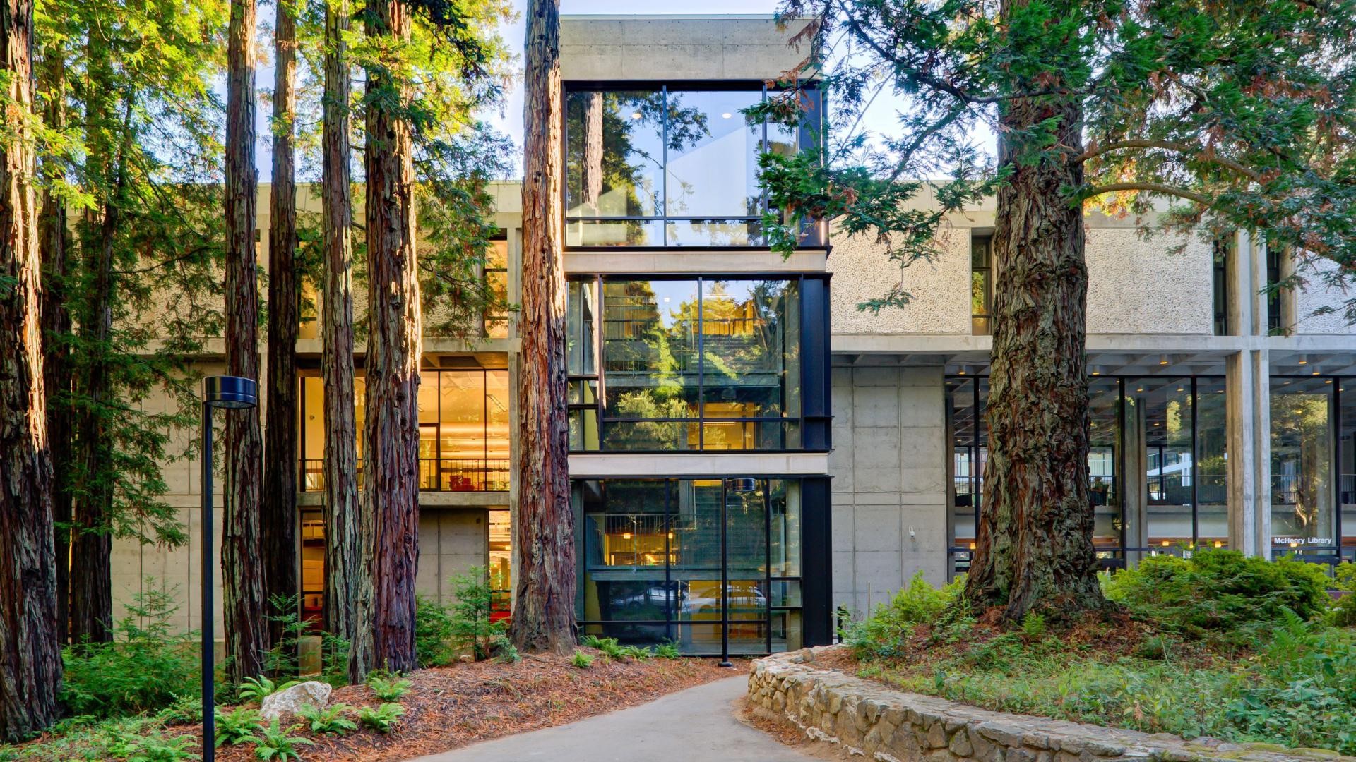 Building with redwood tress 