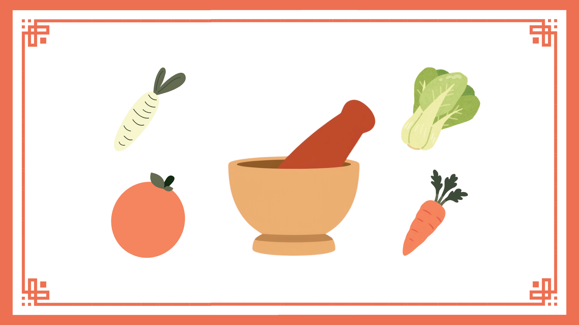 Assorted vegetables around a mortar and pestle 