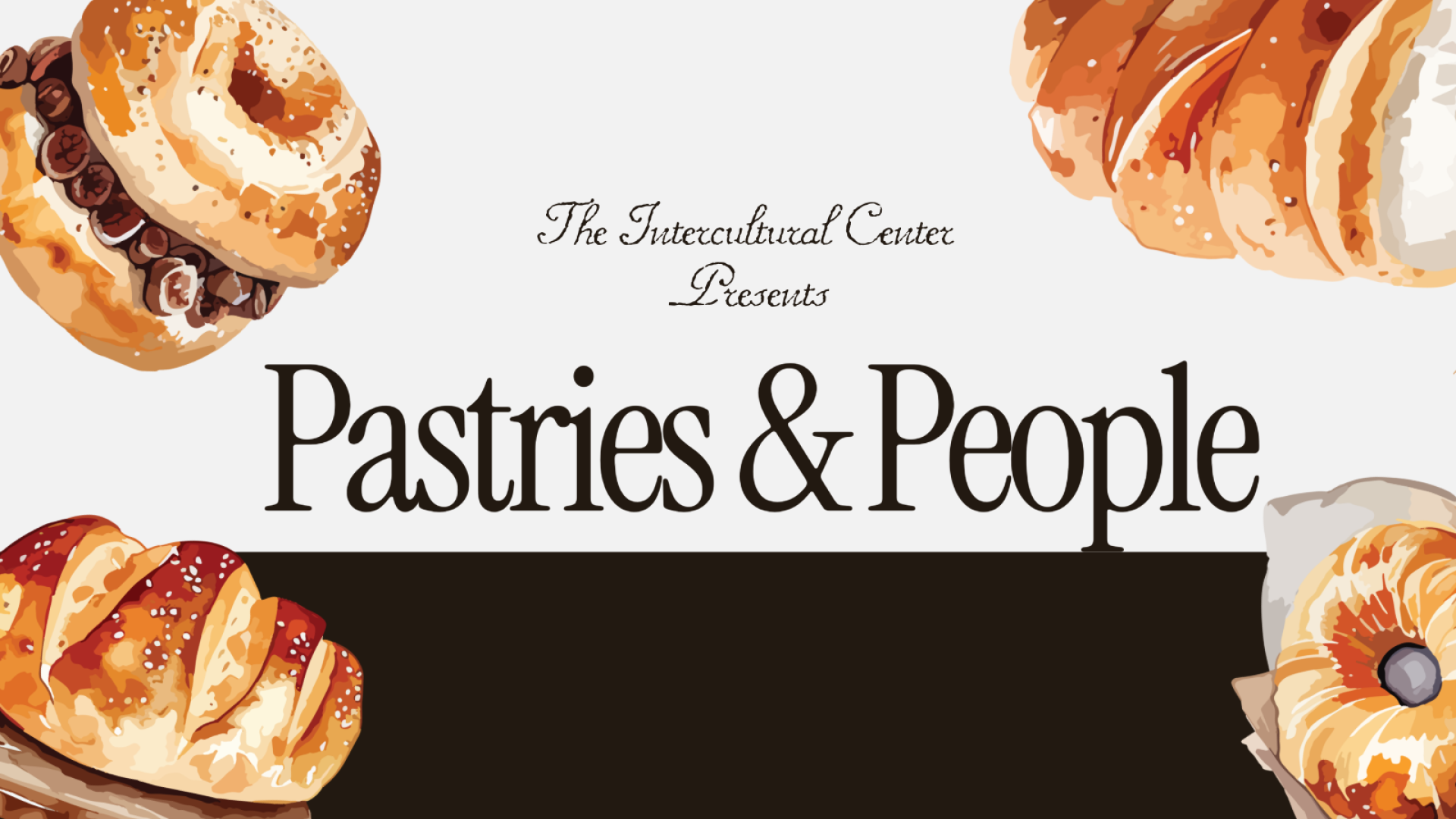 "Pastries &amp; People" text on a black and white background with images of pastries at each corner