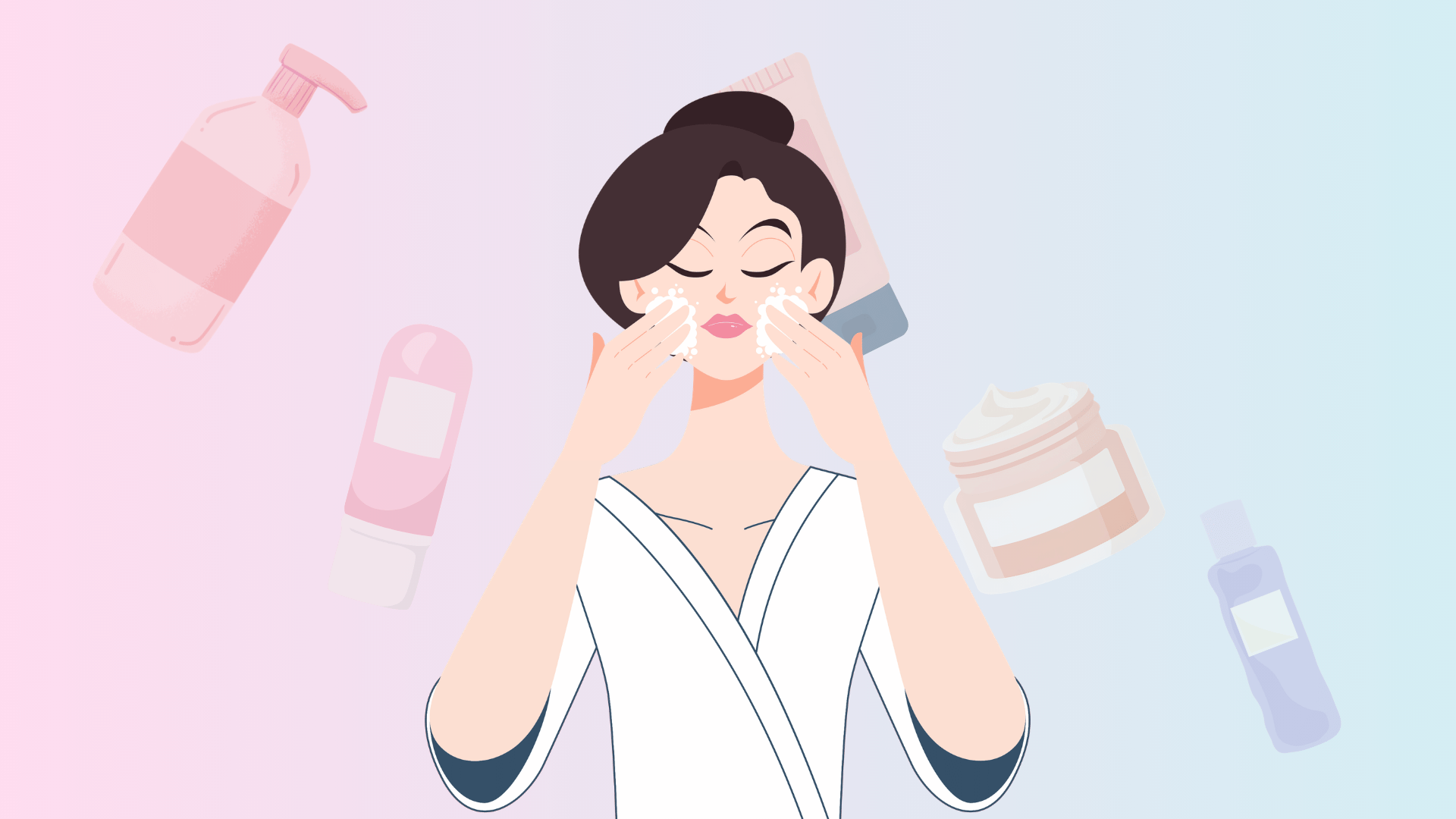 Illustrated woman applying skincare with bottles in the background