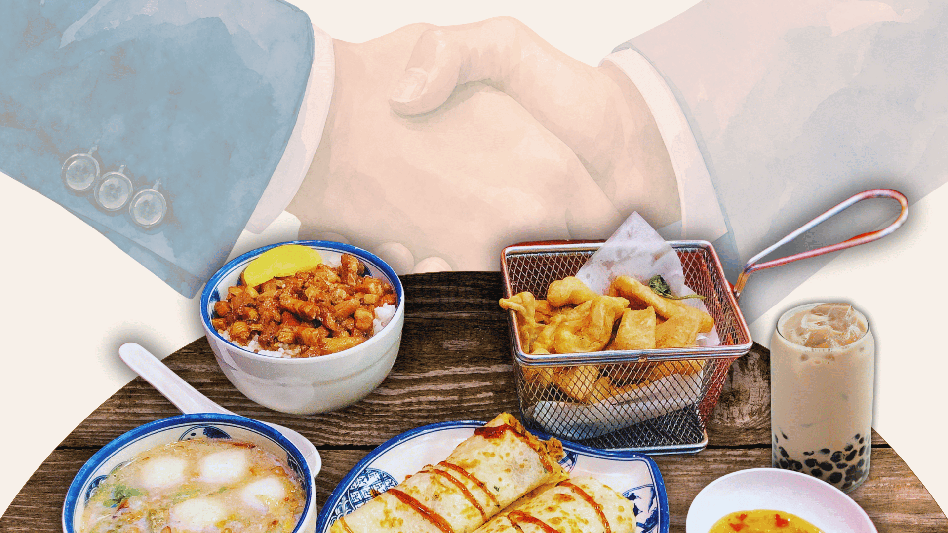 Several Taiwanese dishes in the foreground. Handshake in the background. 