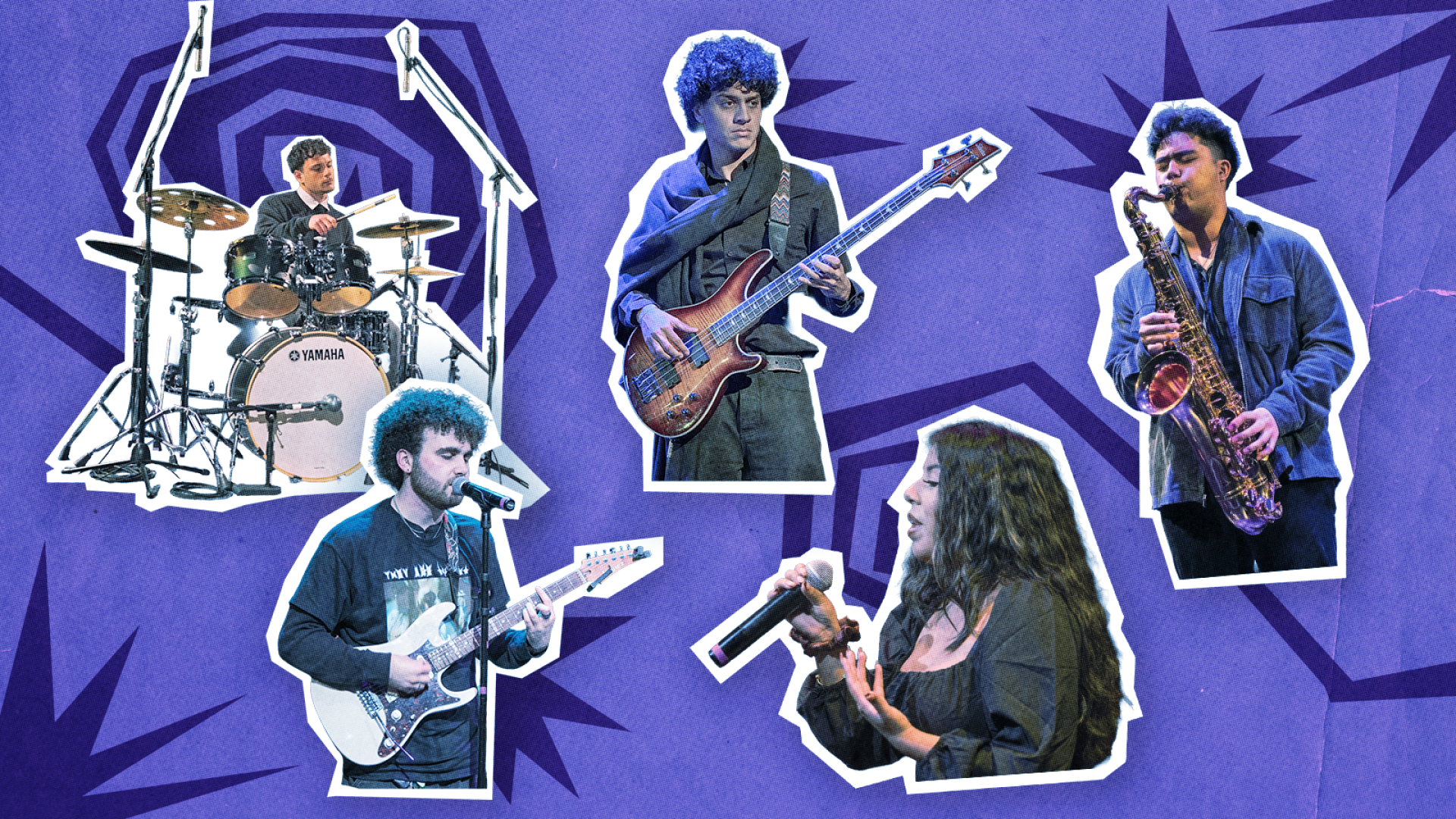 Collage style image of music students performing