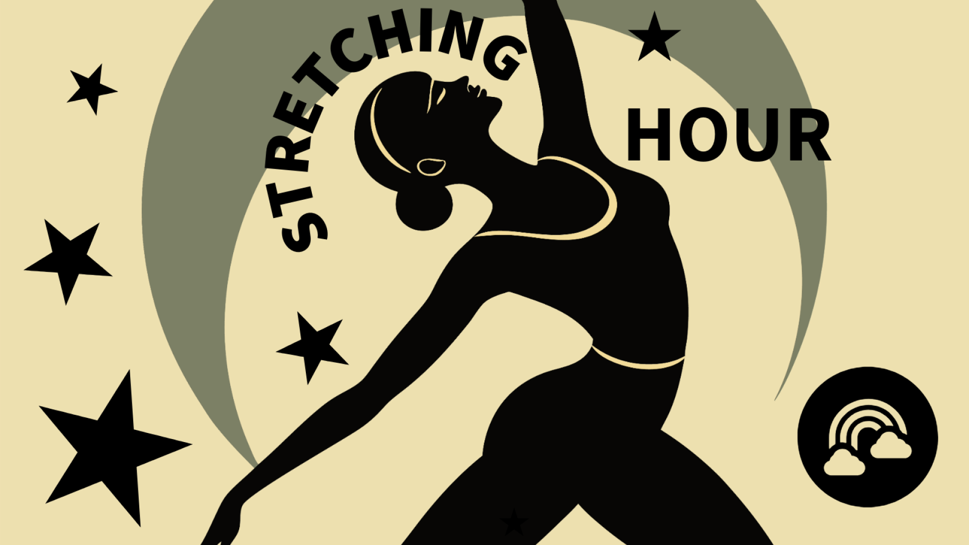 Image of woman stretching with stars and moon in the background and text that says "Stretching Hour"