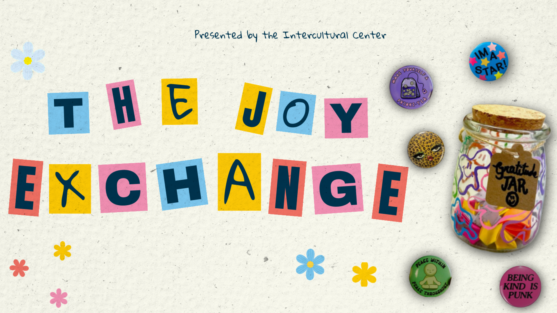 the joy exchange spelled out in magazine trimmings on a beige background with a mason jar to the right