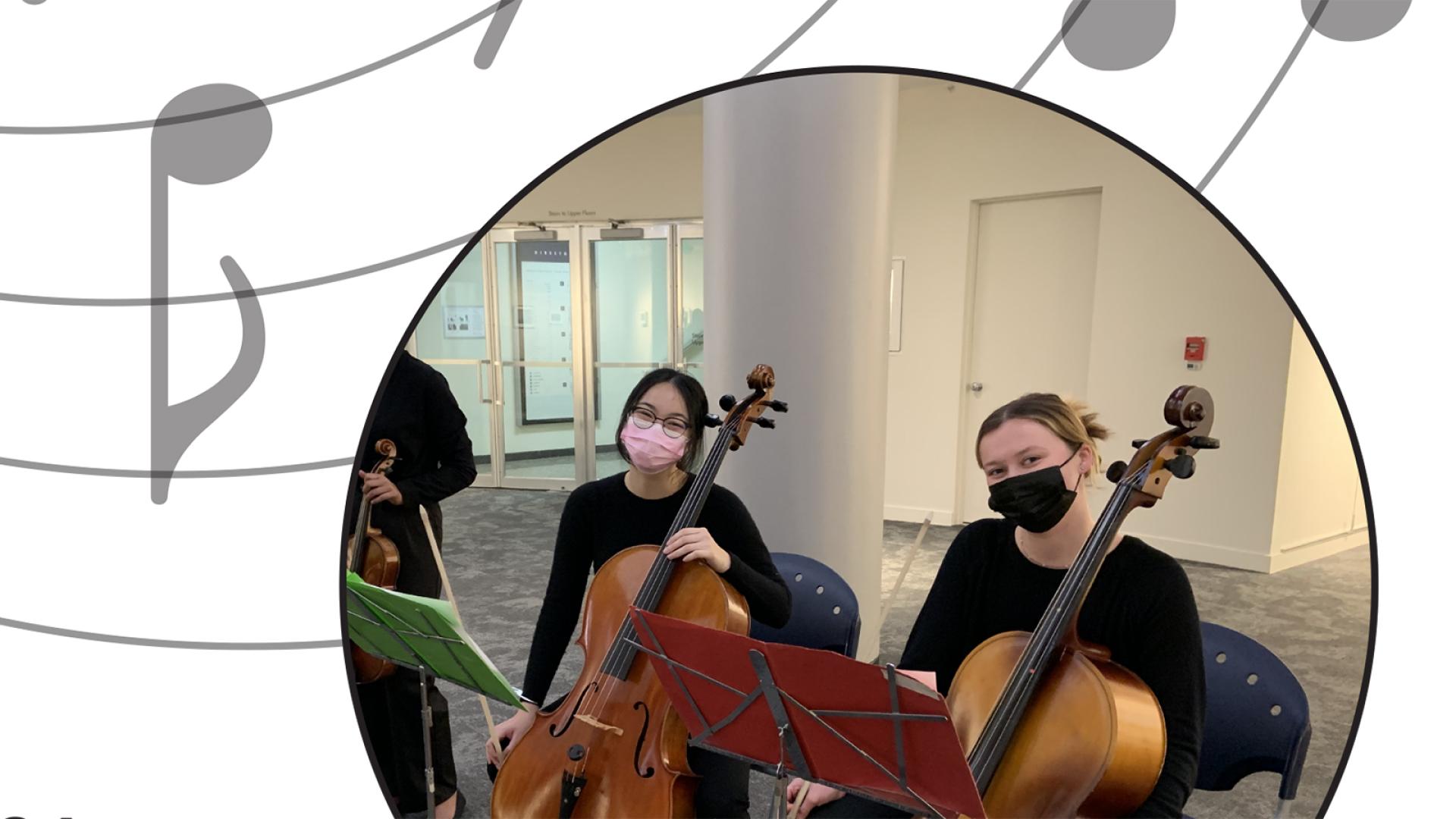 Two student musicians in Thacher Gallery 