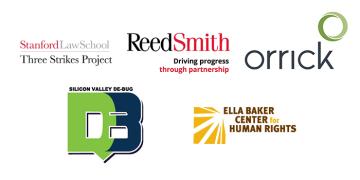 Logos of the Stanford Law School, ReedSmith, orrick, Silicon Valley Debug, and Ella Baker Center of Human Rights